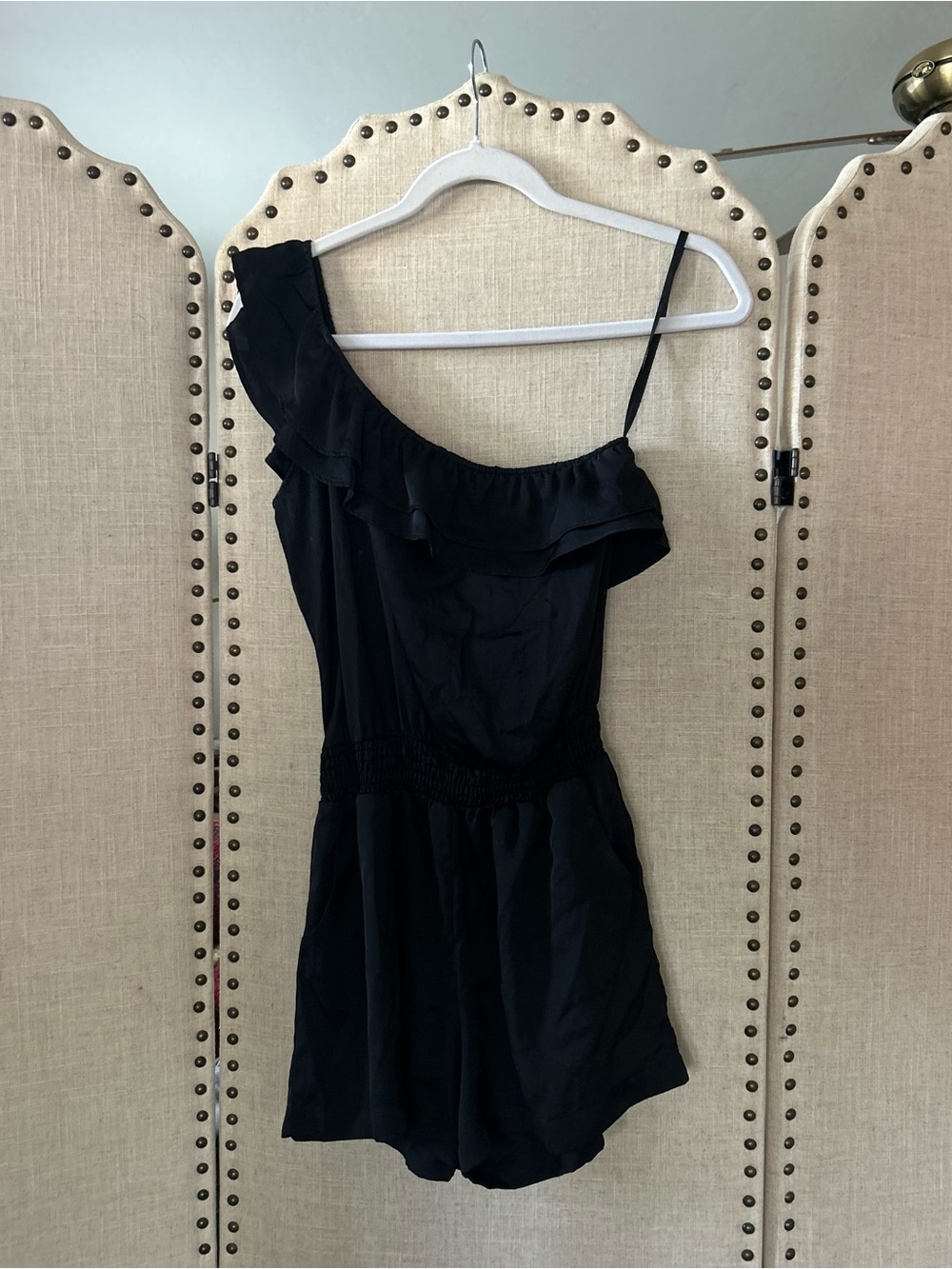 Black One Shoulder Ruffle Romper Minimal Chic Flowy Shorts